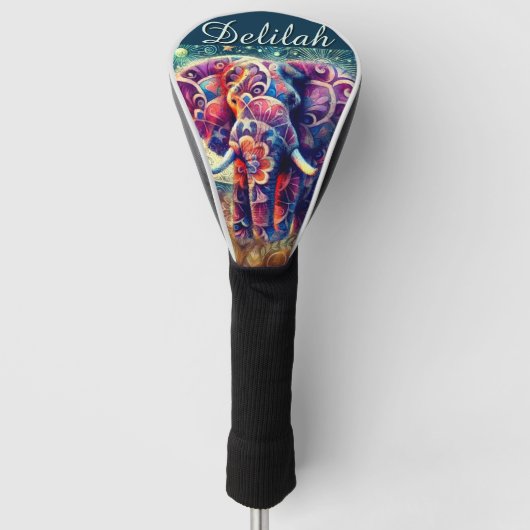 Whimsical Elephant Night Stars Maan gepersonalisee Golfheadcover (Voorkant)