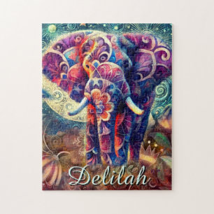 Whimsical Elephant Night Stars Maan gepersonalisee Legpuzzel
