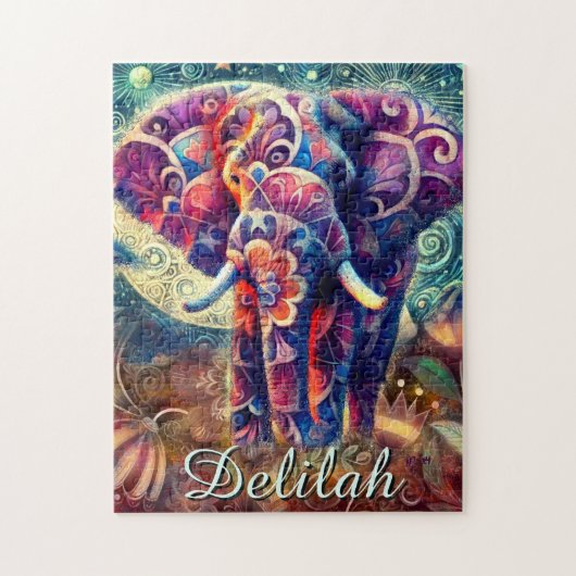 Whimsical Elephant Night Stars Maan gepersonalisee Legpuzzel (Verticaal)