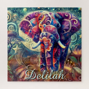 Whimsical Elephant Night Stars Maan gepersonalisee Legpuzzel