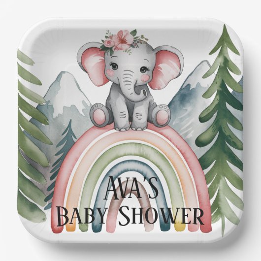 Whimsical Elephant Rainbow Baby shower Papieren Bordje (Voorkant)
