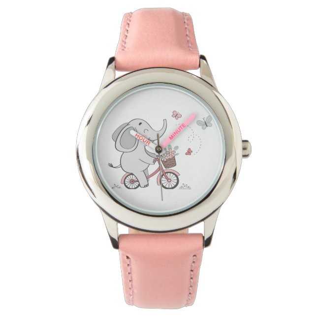 Whimsical Elephant Riding Bike – Kinder dierendesi Horloge (Voorkant)