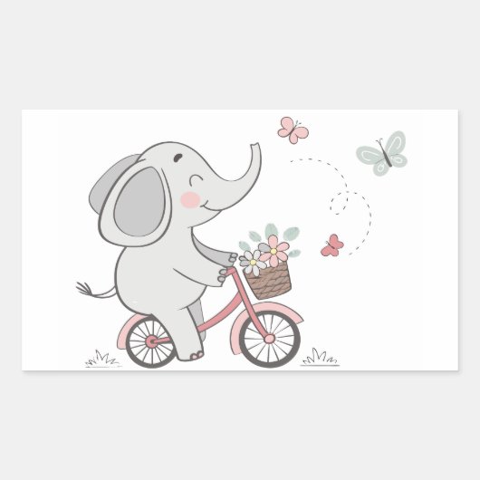 Whimsical Elephant Riding Bike – Kinder dierendesi Rechthoekige Sticker (Voorkant)