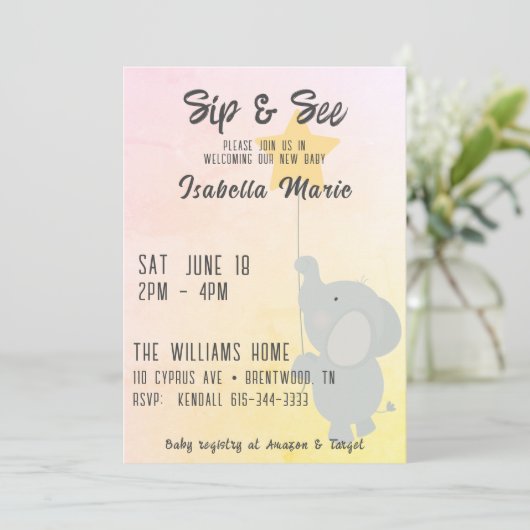 Whimsical Elephant Sip & See Kaart (Staand voorkant)