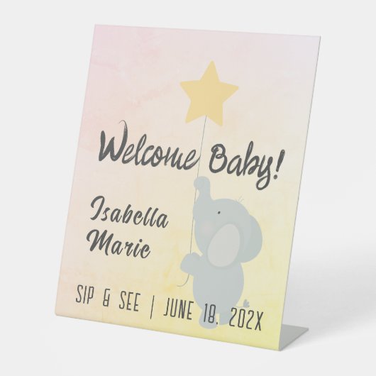 Whimsical Elephant Sip & See Reclamebord Met Voetstuk (Voorkant)