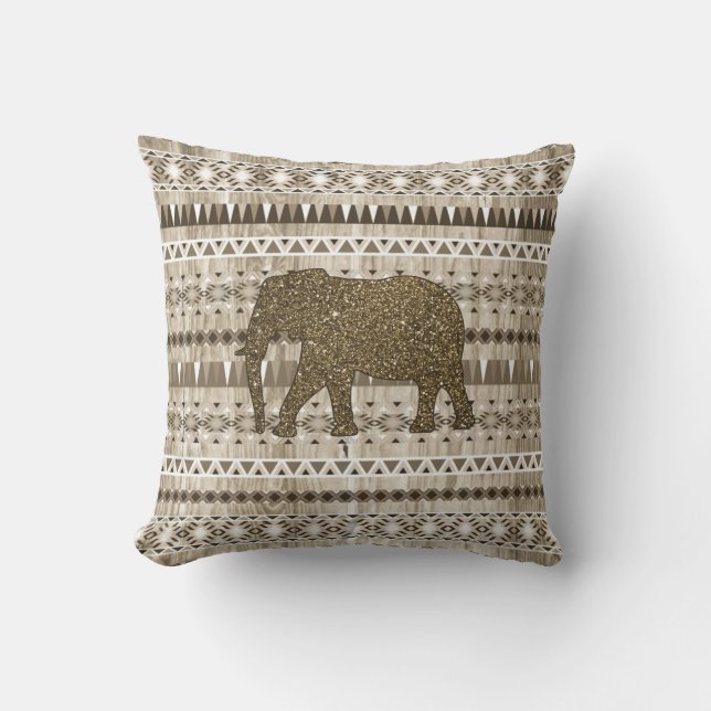 Whimsical Elephant Tribal Pattern on Wood Design Kussen (Voorkant)