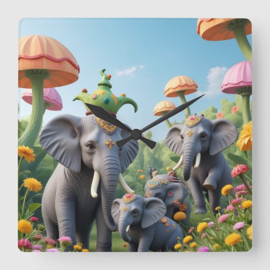 Whimsical Elephants Clock Vierkante Klok (Voorkant)