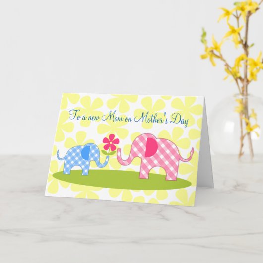 Whimsical Elephants Eerste Moederdag Kaart (Gele Bloem)