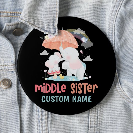 Whimsical Elephants Middle Sister Custom Name Ronde Button 6,0 Cm (In situ)