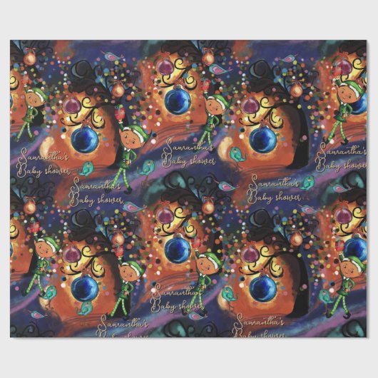 Whimsical Elf & Bird Baby Shower Personalized  Cadeaupapier (Vlak)