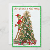Whimsical Elf Climbing Ladder to Tree  Feestdagenkaart (Voorkant)