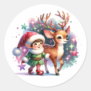 Whimsical Elf en Reindeer Kerstmis Ronde Sticker