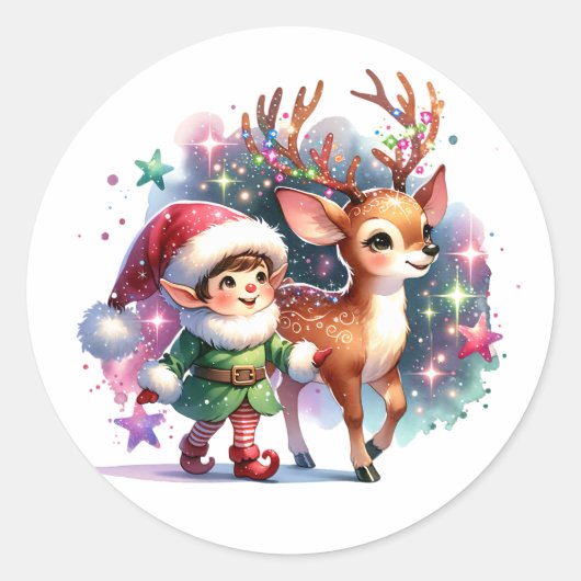 Whimsical Elf en Reindeer Kerstmis Ronde Sticker (Voorkant)