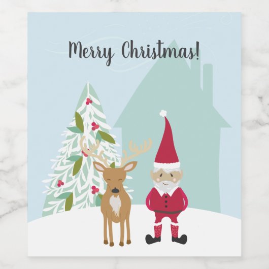 Whimsical Elf en Reindeer Kerstmis Wijn Etiket (Enkel label)
