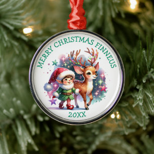 Whimsical Elf en Rendier Kerstmis gepersonaliseerd Metalen Ornament