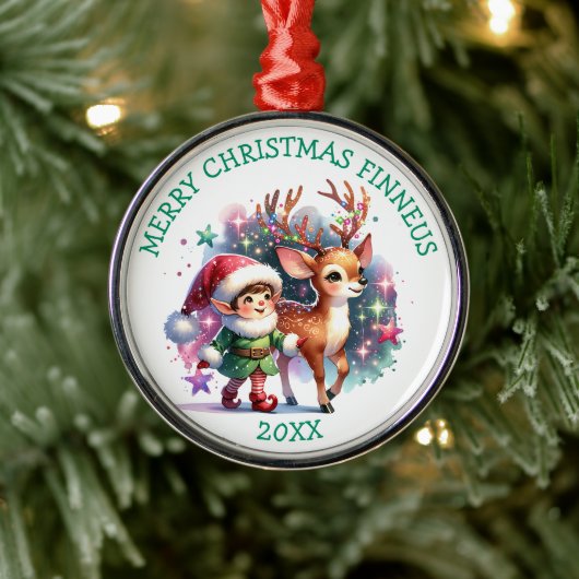 Whimsical Elf en Rendier Kerstmis gepersonaliseerd Metalen Ornament (Boom)