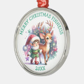 Whimsical Elf en Rendier Kerstmis gepersonaliseerd Metalen Ornament (Links)