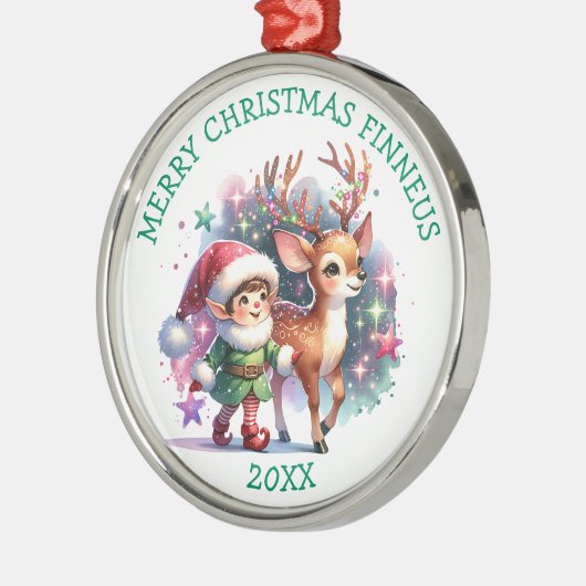 Whimsical Elf en Rendier Kerstmis gepersonaliseerd Metalen Ornament (Links)