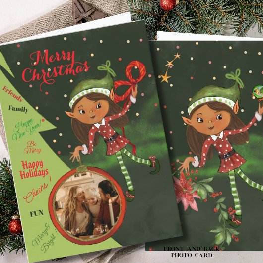 Whimsical Elf Girl Photo Christmas Card | Green Feestdagen Kaart