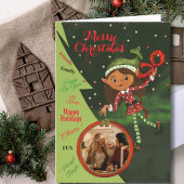 Whimsical Elf Girl Photo Christmas Card | Green Feestdagen Kaart
