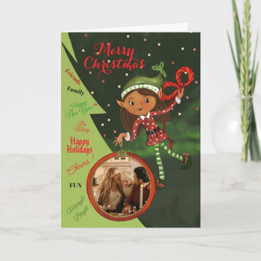 Whimsical Elf Girl Photo Christmas Card | Green Feestdagen Kaart (Voorkant)