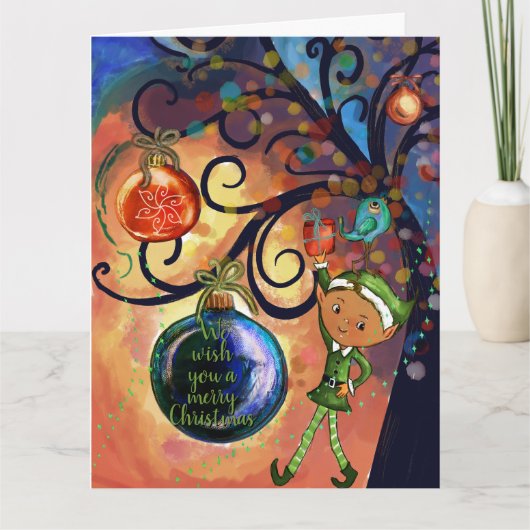 Whimsical Elf Holding Gift & Bird Christmas Card Kaart (Voorkant)