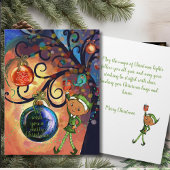 Whimsical Elf Holding Gift & Bird Christmas Card Kaart