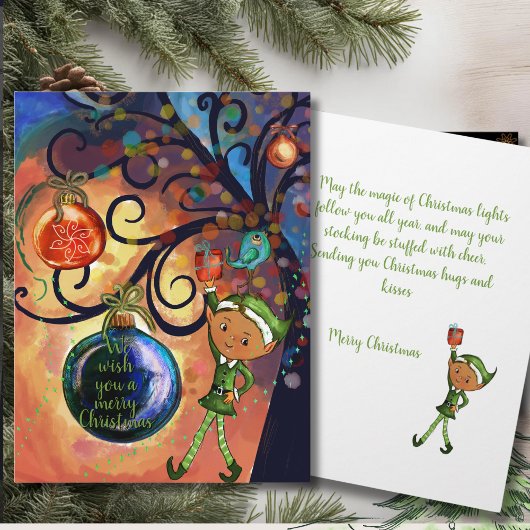 Whimsical Elf Holding Gift & Bird Christmas Card Kaart
