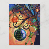Whimsical Elf with Bird under a Tree Christmas Briefkaart (Voorkant)