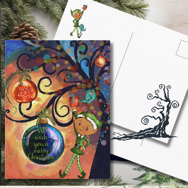 Whimsical Elf with Bird under a Tree Christmas  Briefkaart