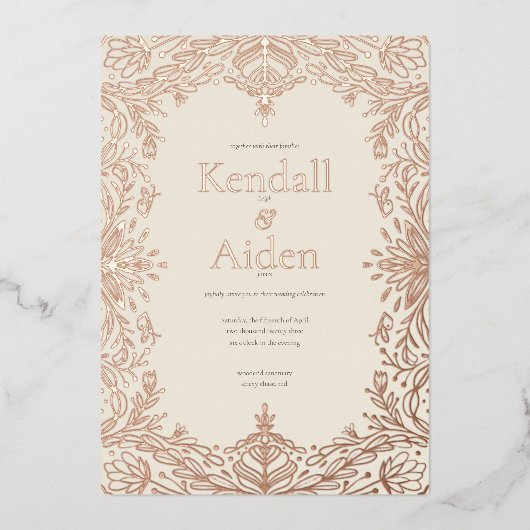 Whimsical en Elegant Roos Gold Foil Wedding Folie Uitnodiging (Voorkant)