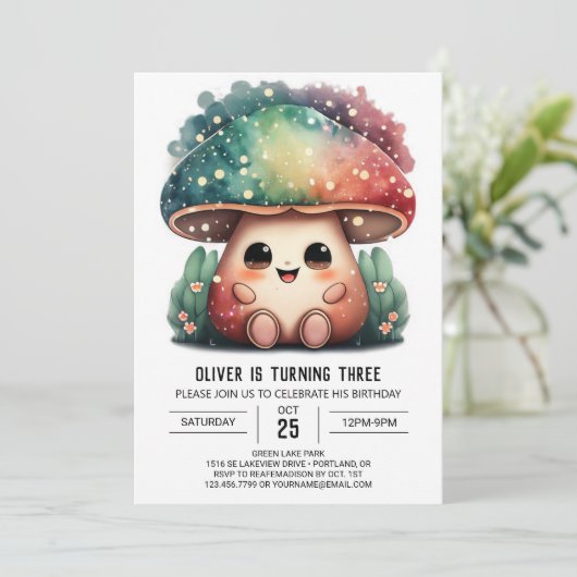 Whimsical Enchanted Fungi Verjaardag Uitnodiging (Staand voorkant)