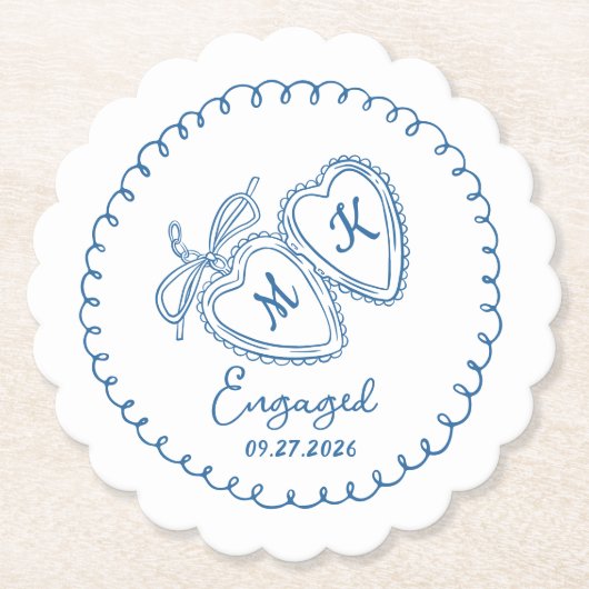 Whimsical Engaged Couple Blue Hearts Trendy Doodle Kartonnen Onderzetters (Voorkant)