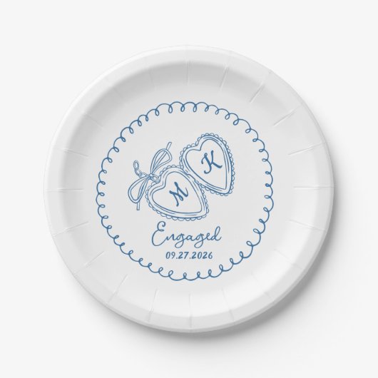 Whimsical Engaged Couple Blue Hearts Trendy Doodle Papieren Bordje (Voorkant)