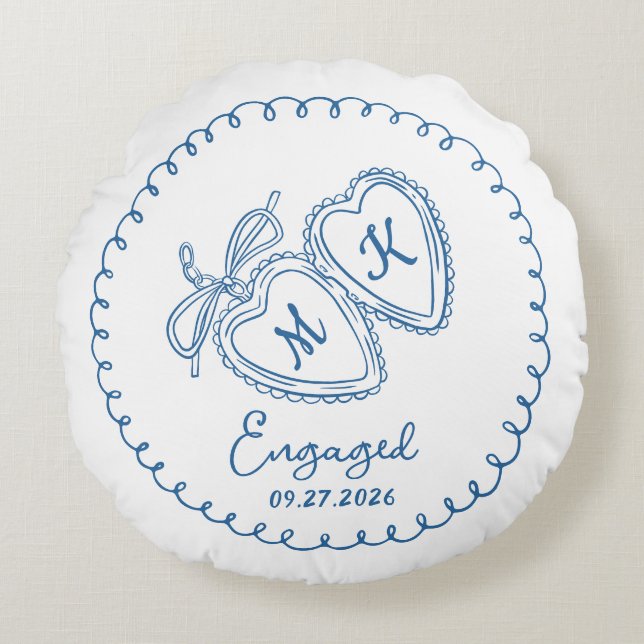 Whimsical Engaged Couple Blue Hearts Trendy Doodle Rond Kussen (Voorkant)
