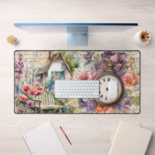 Whimsical Engels Cottage House Bloemen Horloge Bureaumat