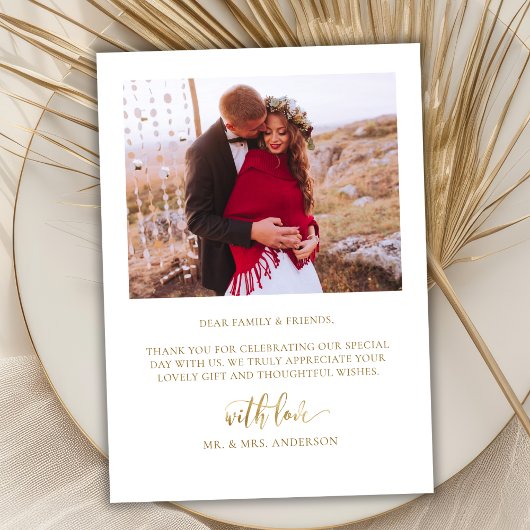 Whimsical enorme gouden script 2 foto bruiloft bedankkaart