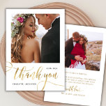 Whimsical enorme gouden script 2 foto bruiloft bedankkaart<br><div class="desc">Moderne grillige boho chic enorme gouden kalligrafie script 2 foto bruiloft dank u kaart. Stijlvolle bruiloft dank u sjabloon met een volledige verticale foto op de voorkant met de tekst "Thank You" in een grillige wervelende hand belettering typografie swash tail lettertype script faux gouden folie. Aan de achterkant pre-made dank...</div>