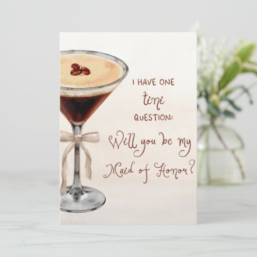 Whimsical Espresso Martini Maid of Honor Voorstel Kaart (Staand voorkant)