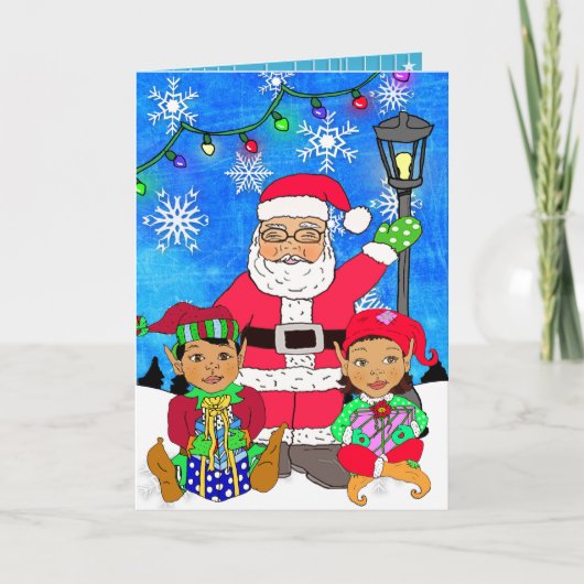 Whimsical Ethnic Santa en Elves Kerstmis Kaart (Voorkant)