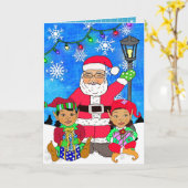 Whimsical Ethnic Santa en Elves Kerstmis Kaart (Gele Bloem)