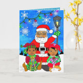 Whimsical Ethnic Santa en Elves Kerstmis Kaart (Gele Bloem)
