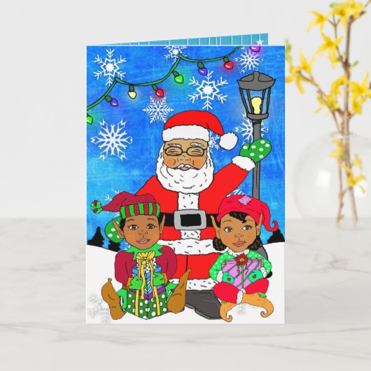 Whimsical Ethnic Santa en Elves Kerstmis Kaart (Gele Bloem)