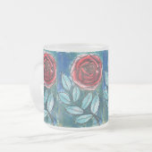 Whimsical Expressionistische Rode Roos Teal Blader Matglas Koffiemok (Voorkant links)