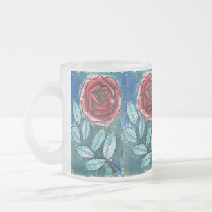 Whimsical Expressionistische Rode Roos Teal Blader Matglas Koffiemok