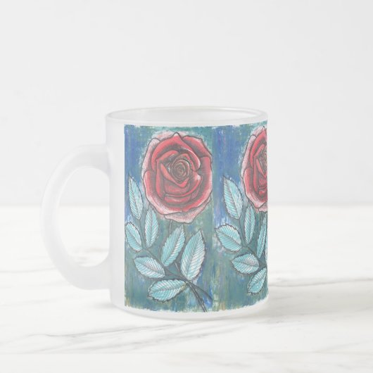 Whimsical Expressionistische Rode Roos Teal Blader Matglas Koffiemok (Links)