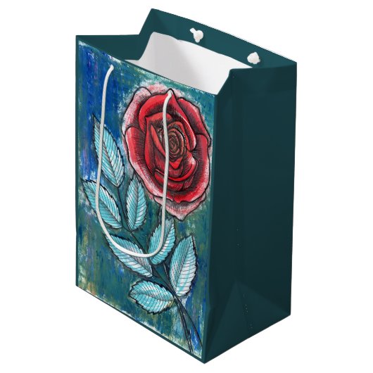 Whimsical Expressionistische Rode Roos Tealbladere Medium Cadeauzakje (Voorkant Gekanteld)