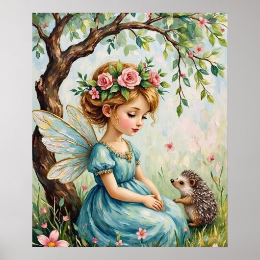 Whimsical Fairy and Hedgehog Garden Wall Art Poster (Voorkant)