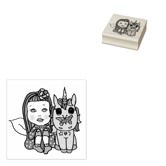 Whimsical Fairy and Unicorn met Butterfly on Nose Rubberstempel (Gestempeld)