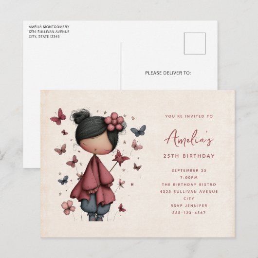 Whimsical Fairy Doll Retro Cute Birthday Uitnodiging Briefkaart (Voorkant / Achterkant)